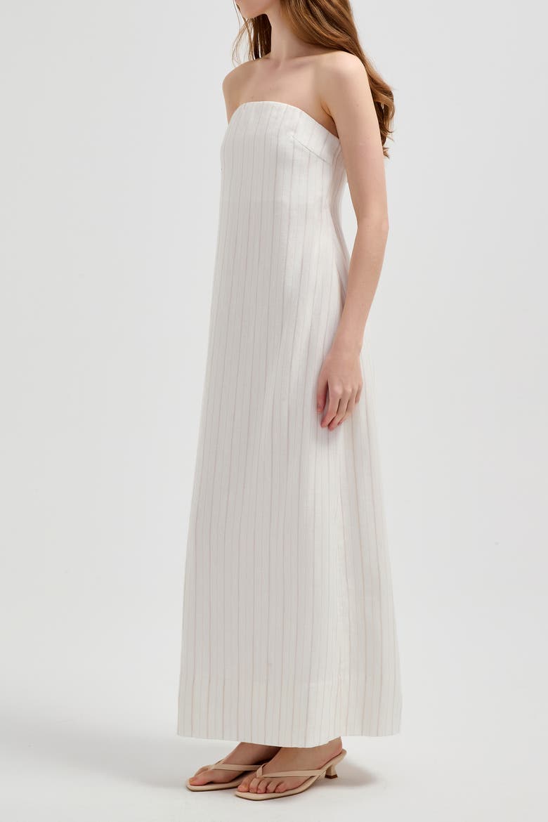 Rhea Strapless Midi Linen Dress, Alternate, color, Ivory Pinstripe
