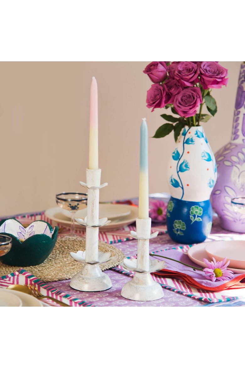 Lotus Bloom Tapered Candleholders, Alternate, color, Patina White