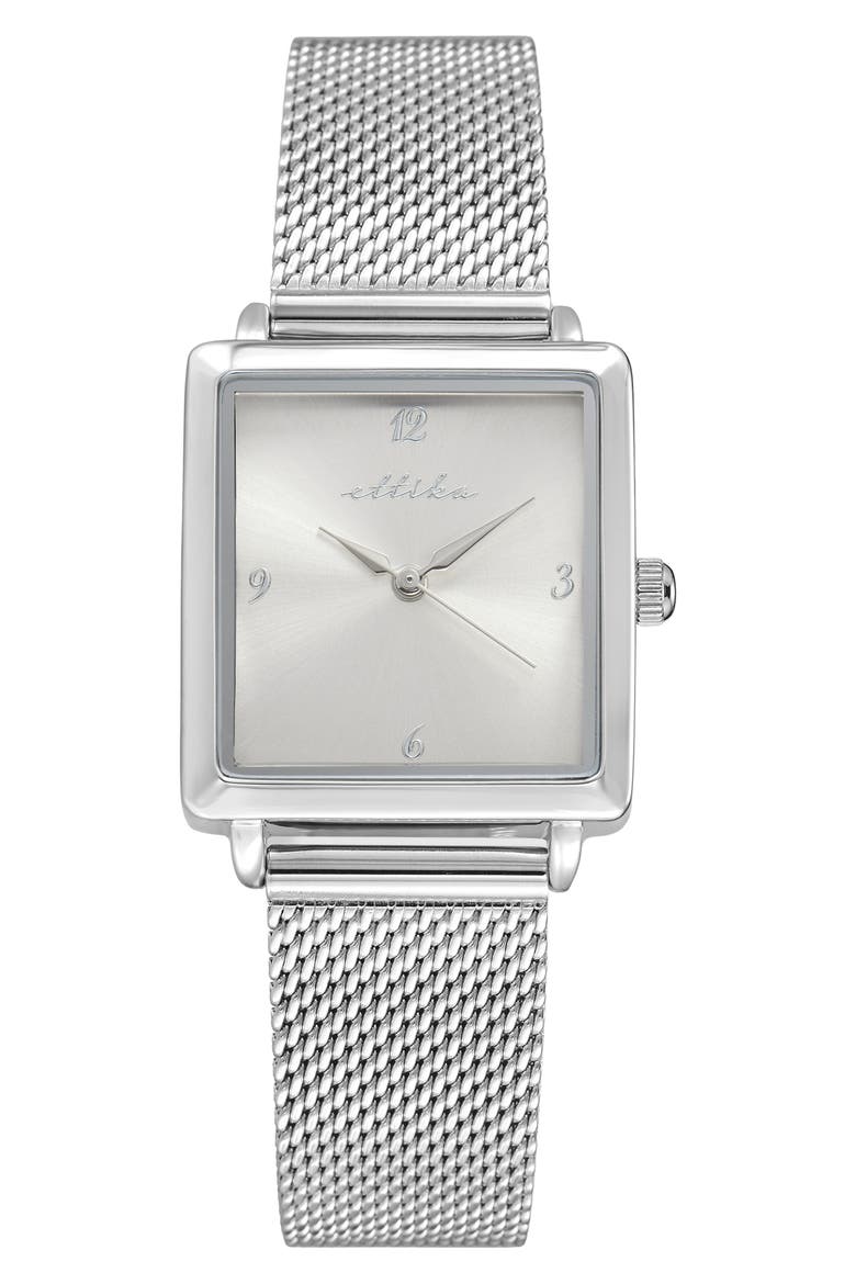 Square Case Mesh Strap Watch, Main, color, VANILLA AND SILVER