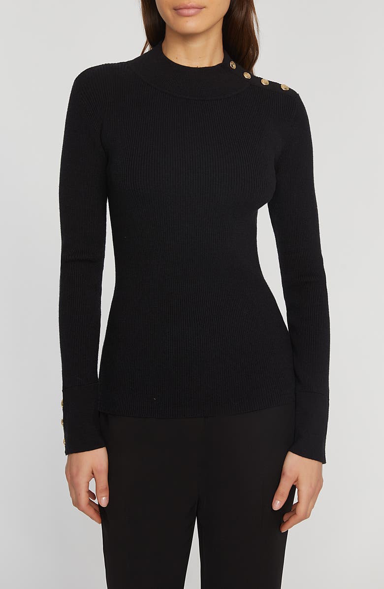 Elie Tahari The Naya Button Shoulder Rib Sweater, Main, color, Noir