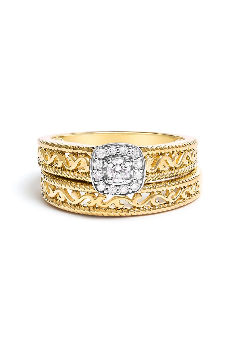 14K Yellow Gold Plated Silver 1/5 Ctw Diamond Halo and Milgrain Bridal Ring Set, Main, color, Yellow