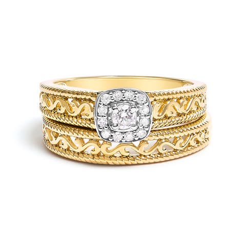 14K Yellow Gold Plated Silver 1/5 Ctw Diamond Halo and Milgrain Bridal Ring Set