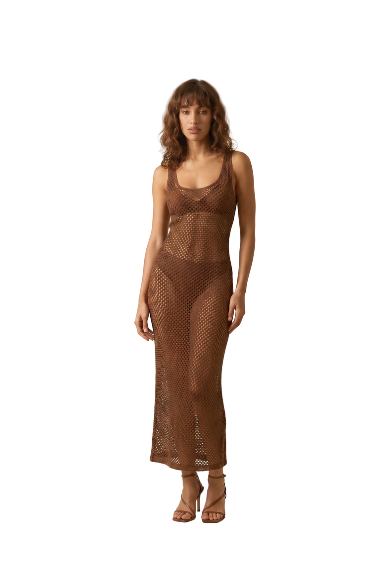 Sorelle Crochet Scoopneck Maxi Dress, Main, color, Brown