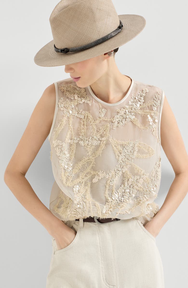 Brunello Cucinelli Top with dazzling seabed embroidery, Alternate, color, Beige