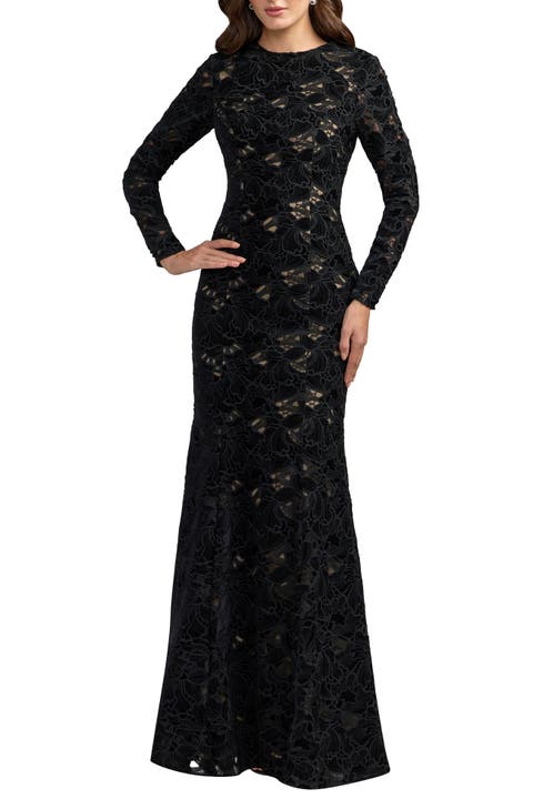 Long Sleeve Open Back Embroidered Gown