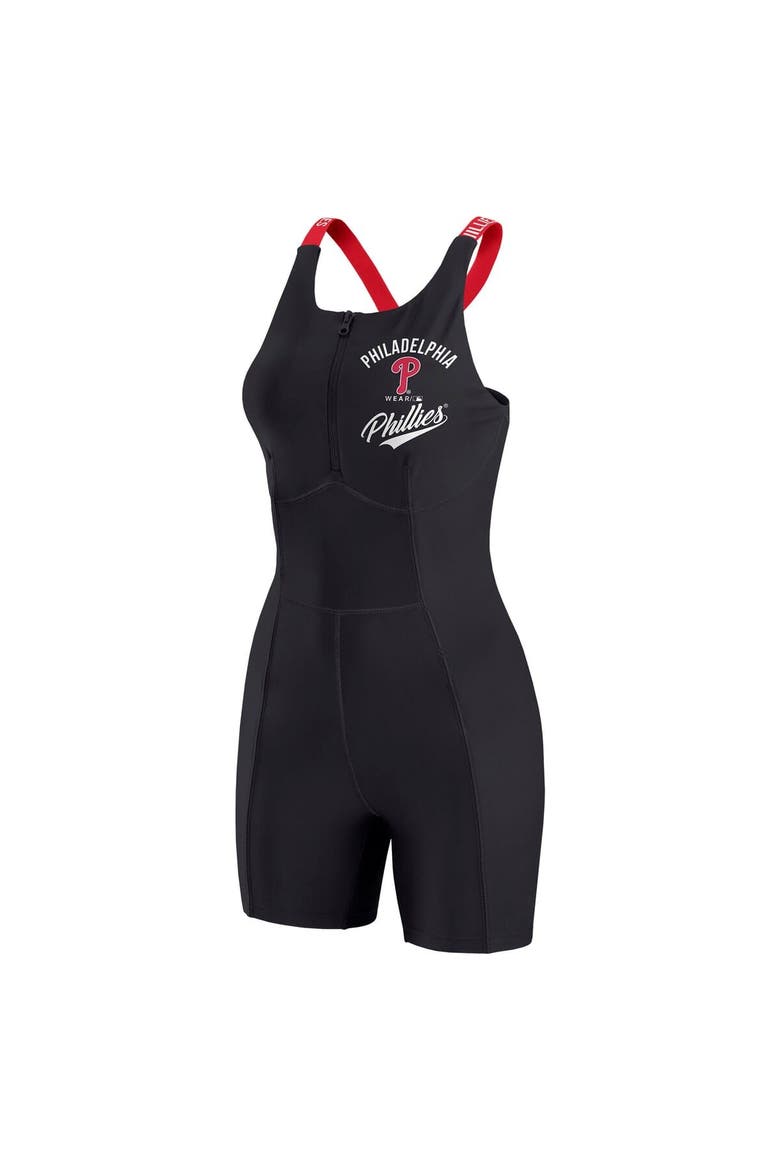 Women's WEAR by Erin Andrews  Black Philadelphia Phillies Bodycon Quarter-Zip Romper, Alternate, color, Black