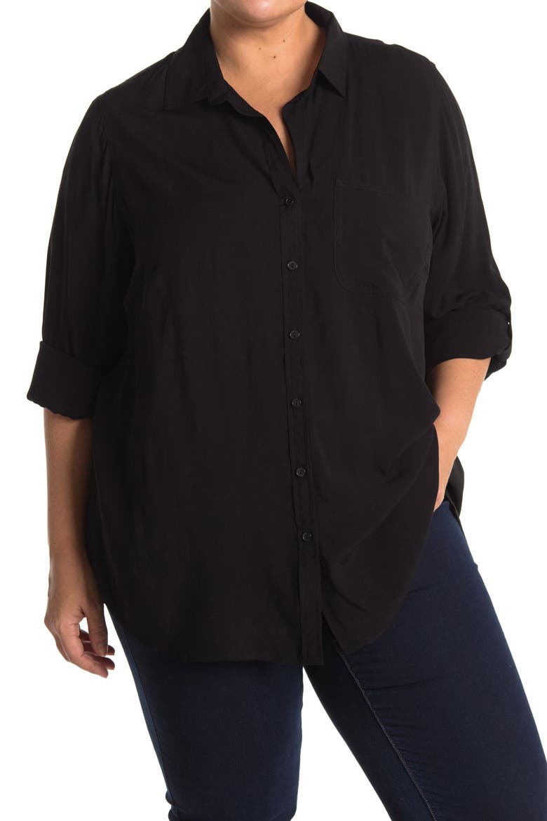 Elisa Roll Tab Sleeve Button Down Blouse, Main, color, BLACK