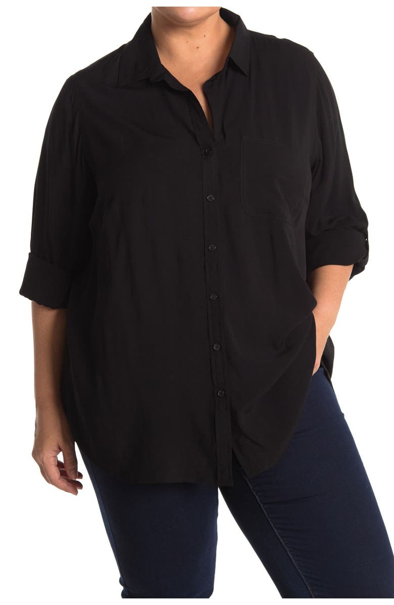 VELVET HEART Elisa Roll Tab Sleeve Button Down Blouse, Main, color, Black