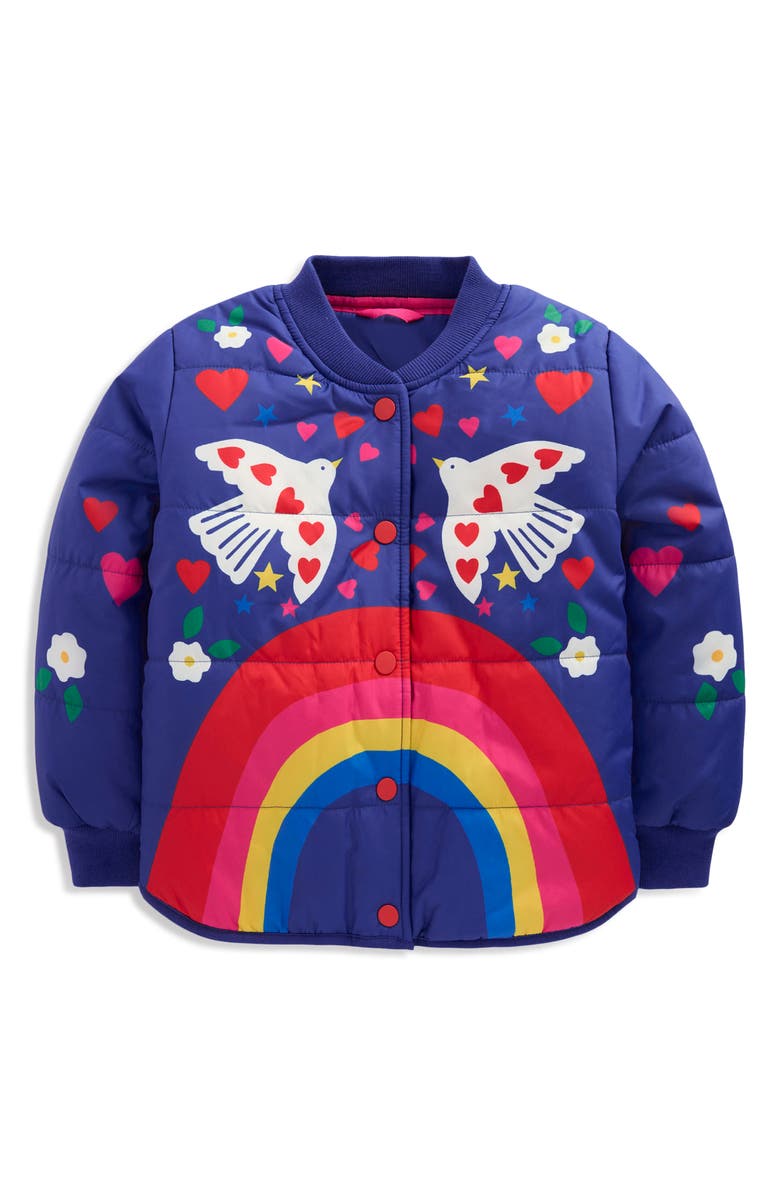 Mini Boden Kids' Fun Quilted Bomber Jacket, Main, color, Navy Placement Print