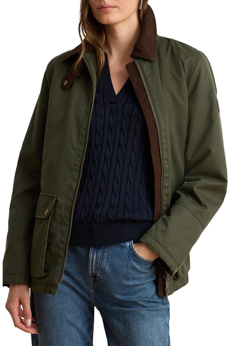 Waxed Raincoat with Corduroy Trim, Main, color, OLIVE FERN