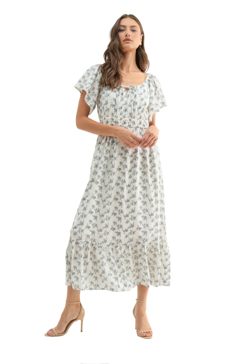 WISHLIST Floral Flutter Sleeve Midi Dress, Alternate, color, Off White/ Slate