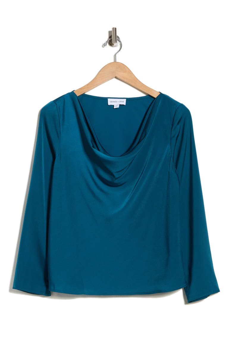 Cowl Neck Long Sleeve Satin Top, Alternate, color, TEAL
