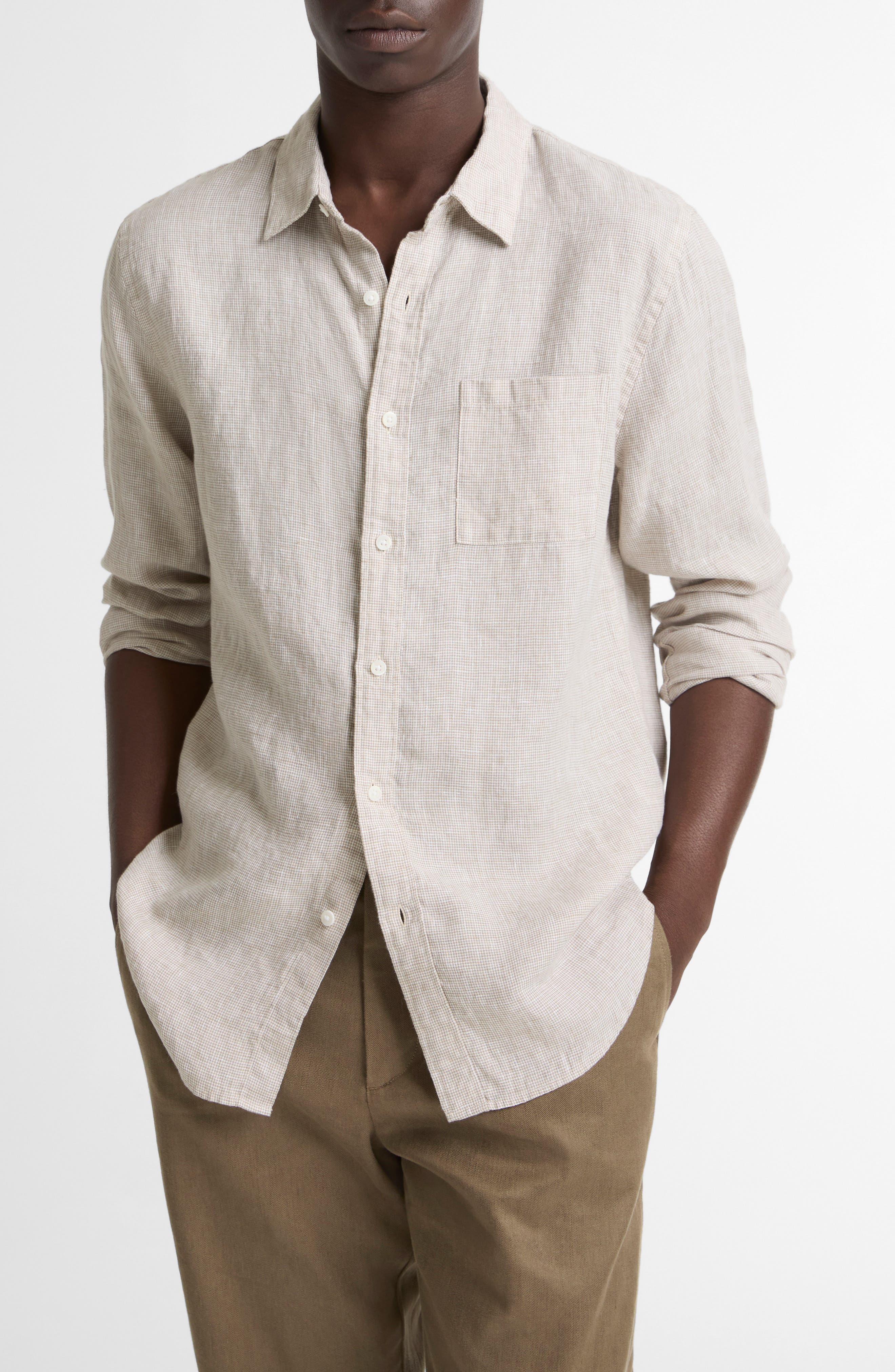 Houndstooth Classic Fit Linen Button-Up Shirt