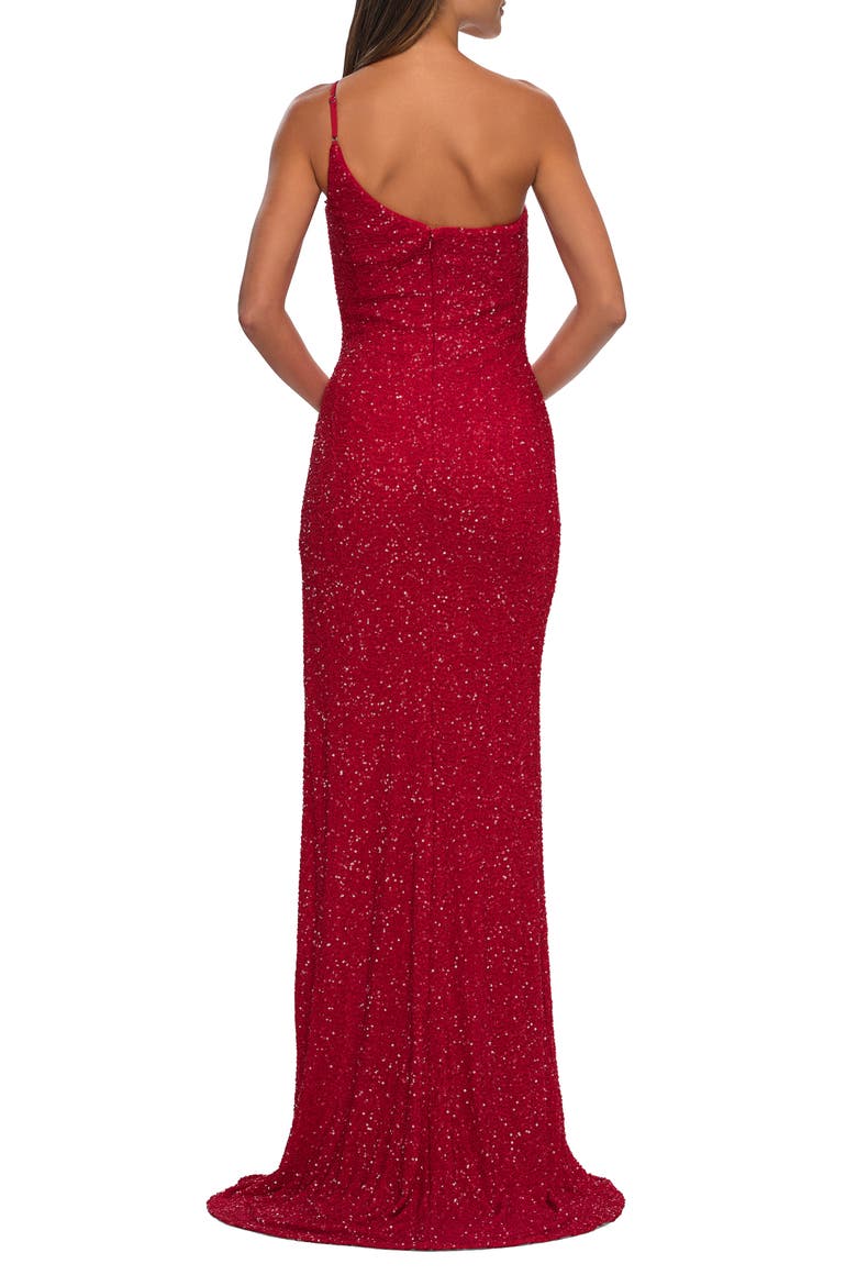 Elegant Soft Sequin One Shoulder Long Dress in Jewel Tones, Alternate, color, Red