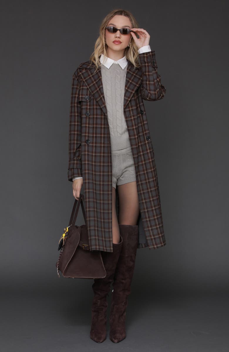Avec Les Filles Plaid Button Back Belted Trench Coat, Alternate, color, 