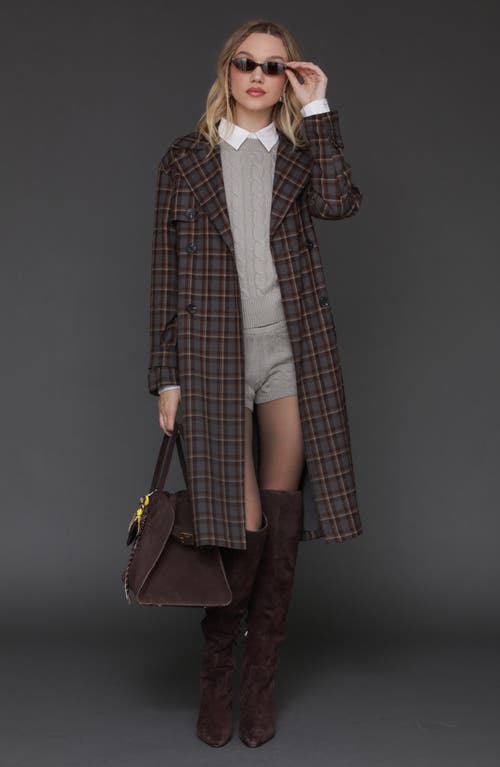 Avec Les Filles Plaid Button Back Belted Trench Coat In Brown