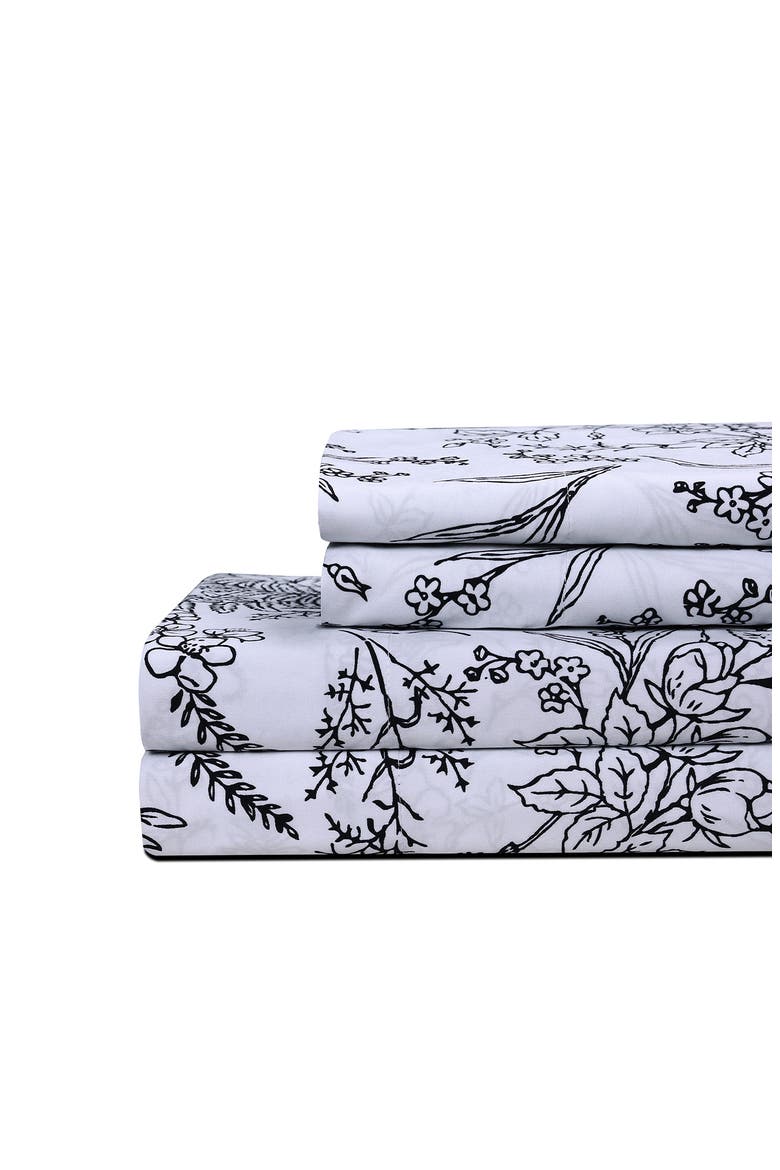 Southshore Fine Linens Winter Brush Sheet Set, Main, color, WHITE W/ BLACK FLOWERS