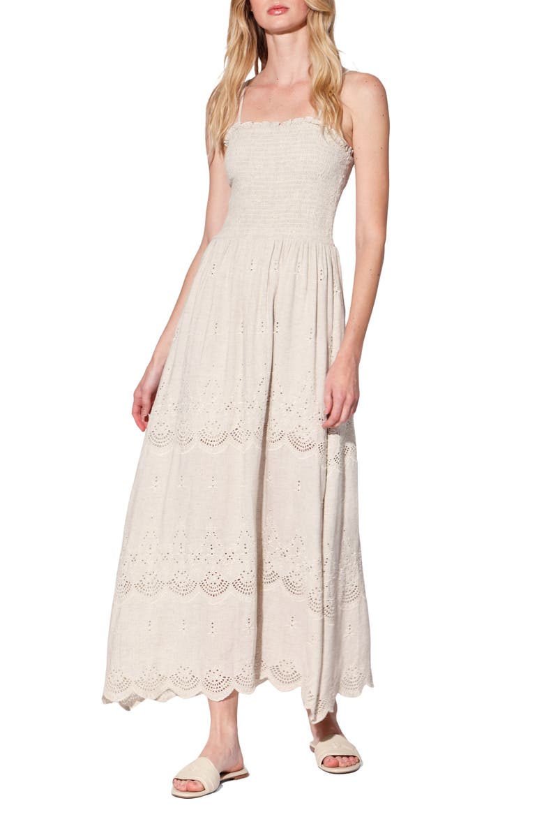 SIrena Smocked Linen & Cotton Maxi Dress, Main, color, COASTAL EYELET