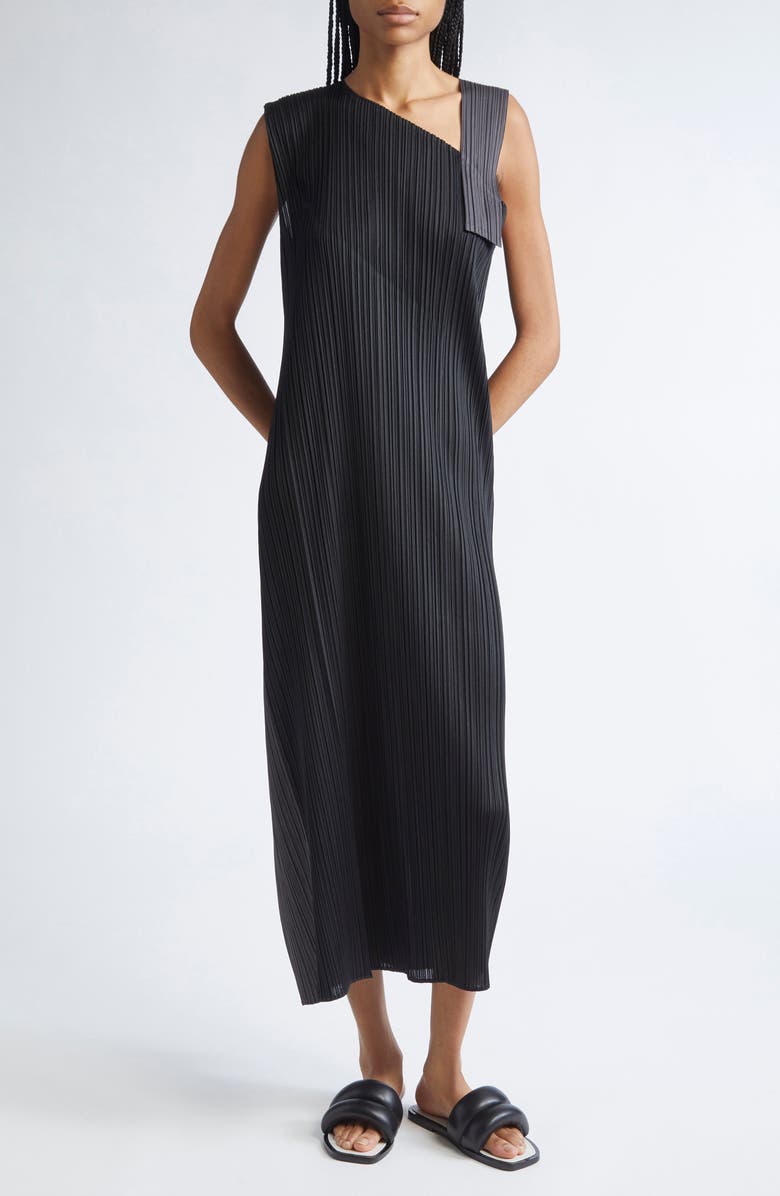 Pleats Please Issey Miyake Pointe Pleated Asymmetric Sleeveless Midi Dress, Main, color, Black