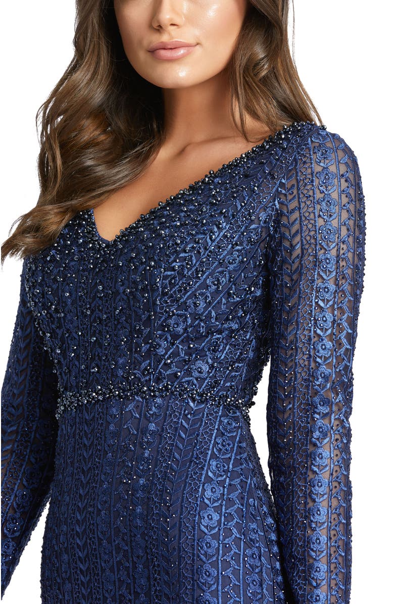 Mac Duggal Embroidered Long Sleeve V Neck Trumpet Gown, Alternate, color, Midnight