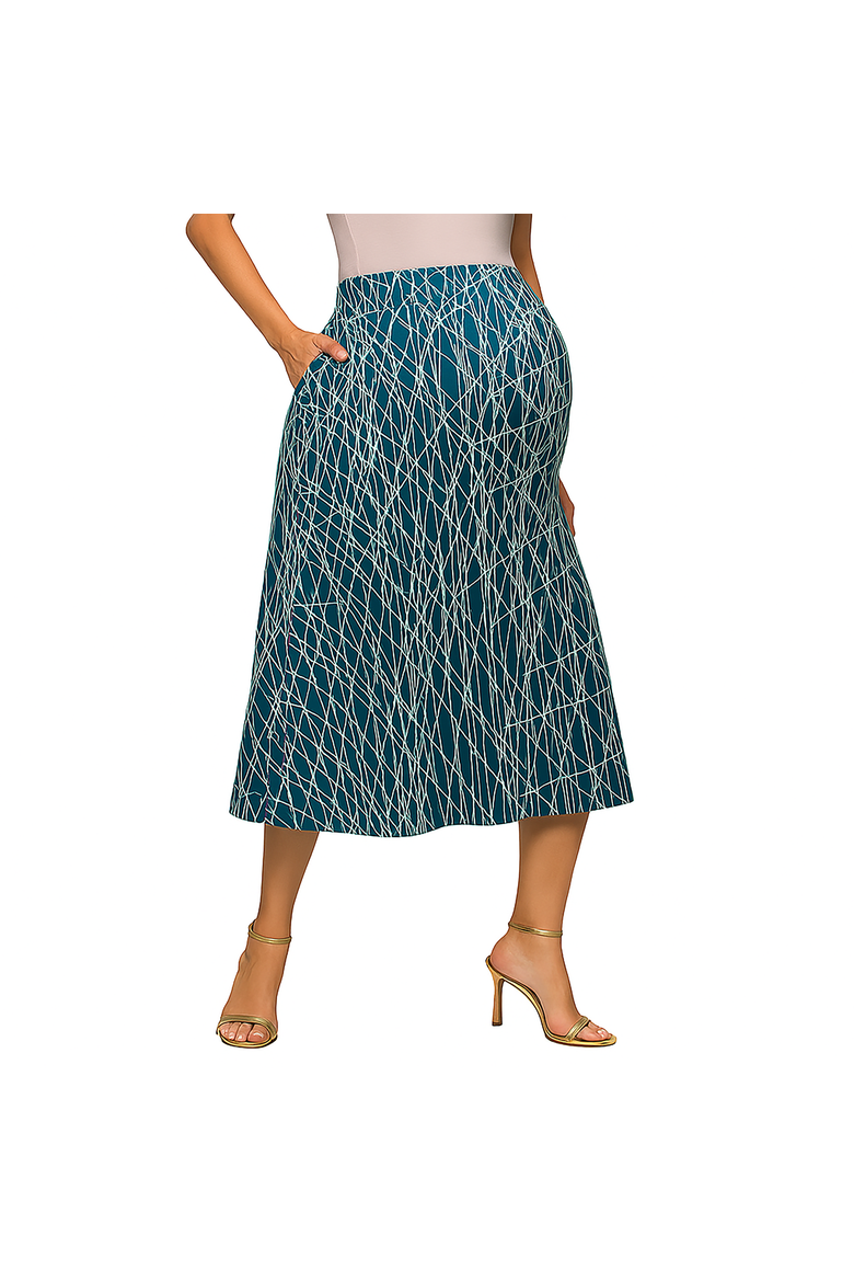 Maternity Teal Geometric Print Elastic Waist Pocket Midi Skirt, Main, color, Blue Multi