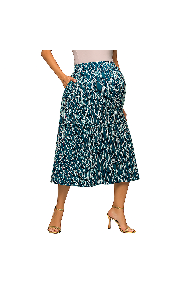 24seven Comfort Apparel Maternity Teal Geometric Print Elastic Waist Pocket Midi Skirt, Main, color, Blue Multi