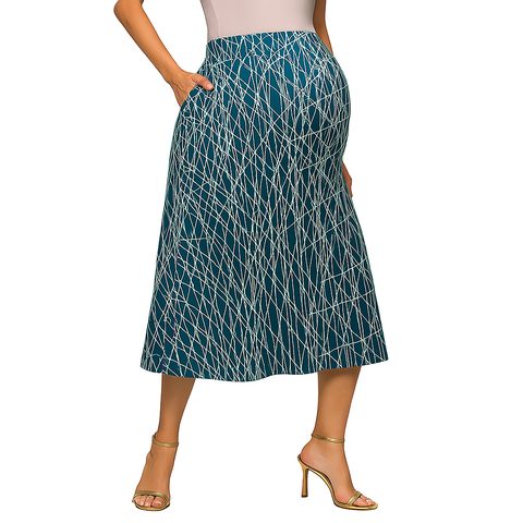 Maternity Teal Geometric Print Elastic Waist Pocket Midi Skirt
