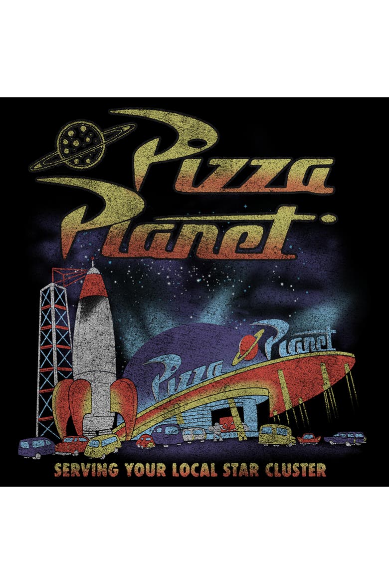 Mens Toy Story Distressed Pizza Planet Star Cluster T Shirt, Alternate, color, Black