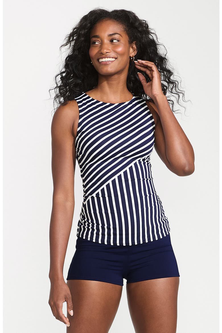 High Neck UPF 50 Modest Tankini Top Swimsuit, Main, color, Deep Sea Mixed Diagonal Stripe