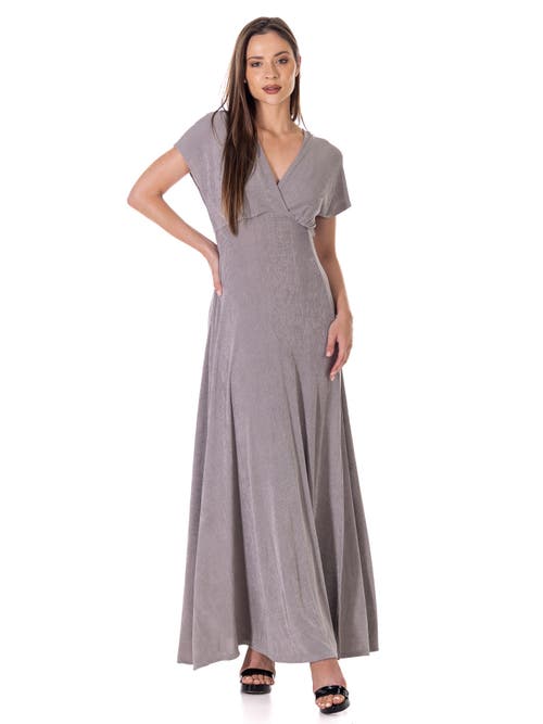 24seven Comfort Apparel Womens Flutter Sleeve Metallic Knit Maxi Dress Front Slit Empire Waist In Gray