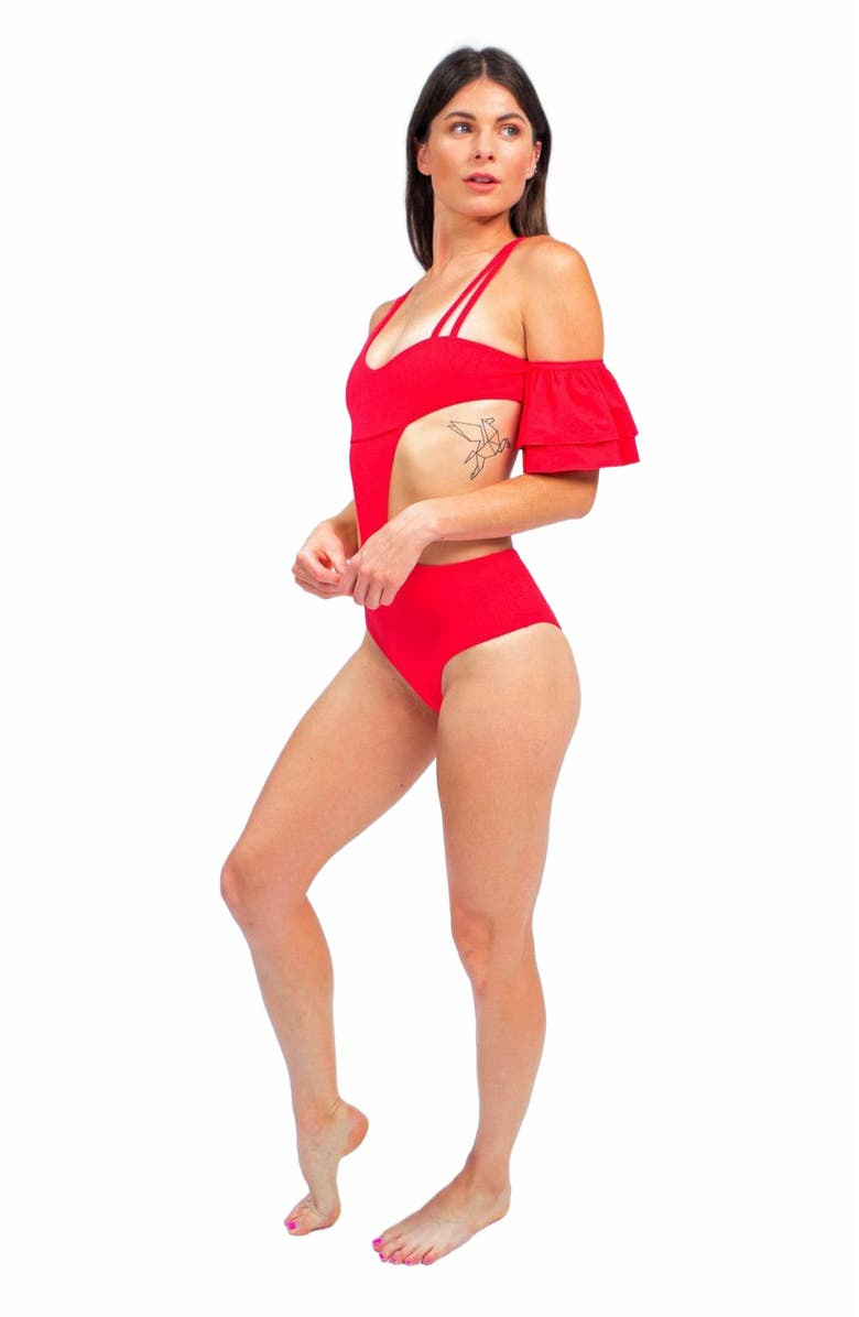 Mary Mercedes Rafa One Piece Swimsuit With Ruffle Sleeve, Alternate, color, Red