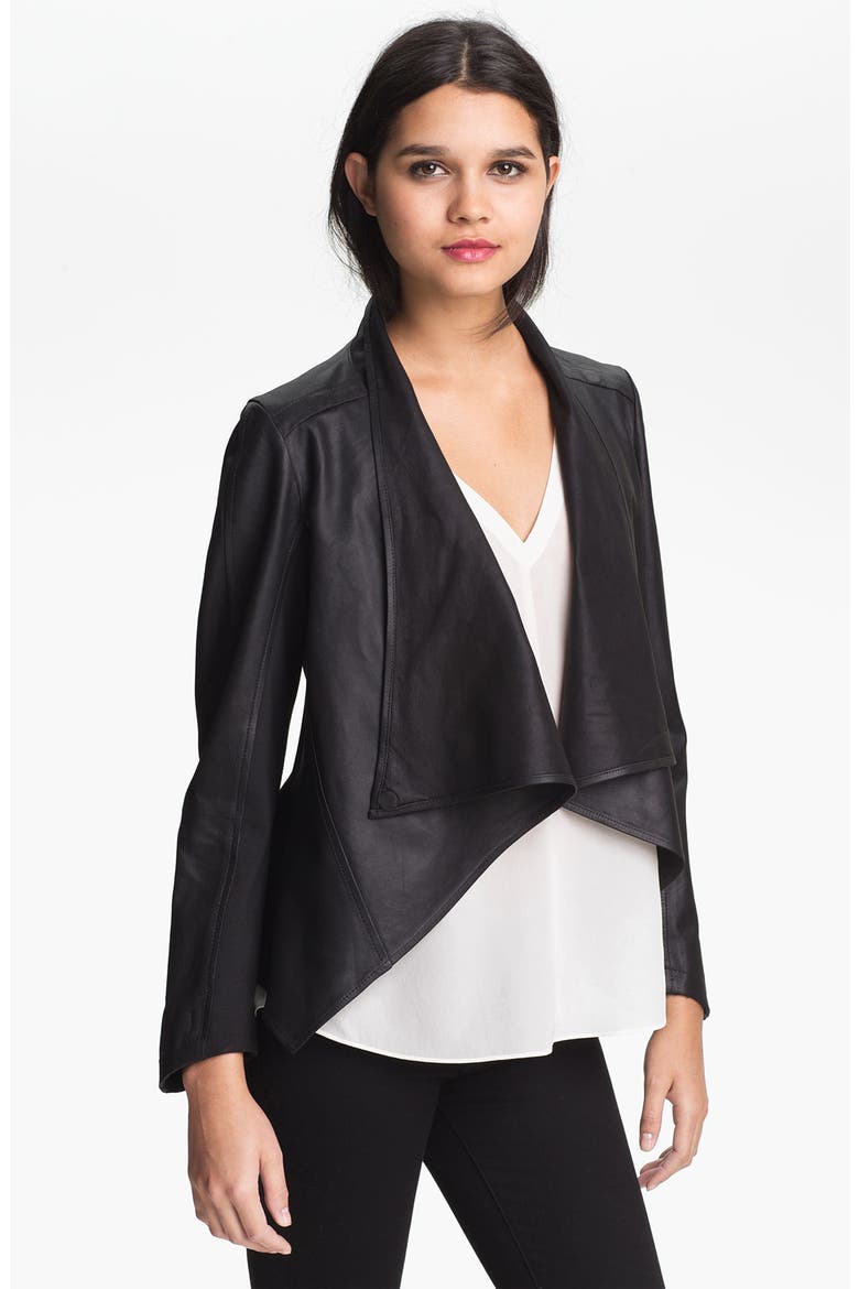 Drape Collar Leather Jacket, Main, color, BLACK
