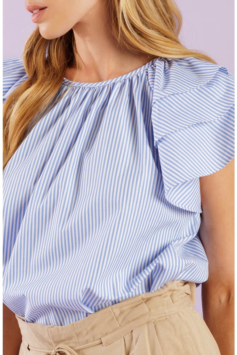 Striped Woven Flutter Sleeve Top, Alternate, color, BLUE/ WHITE