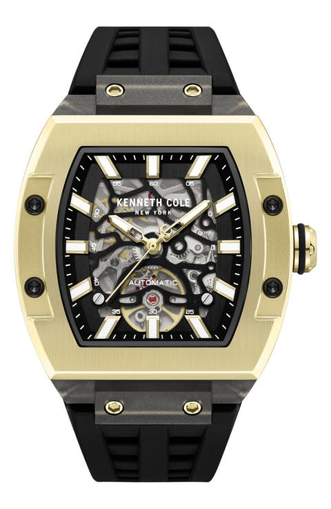 Skeleton Tonneau Automatic Silicone Strap Watch, 41.5mm x 53.5mm