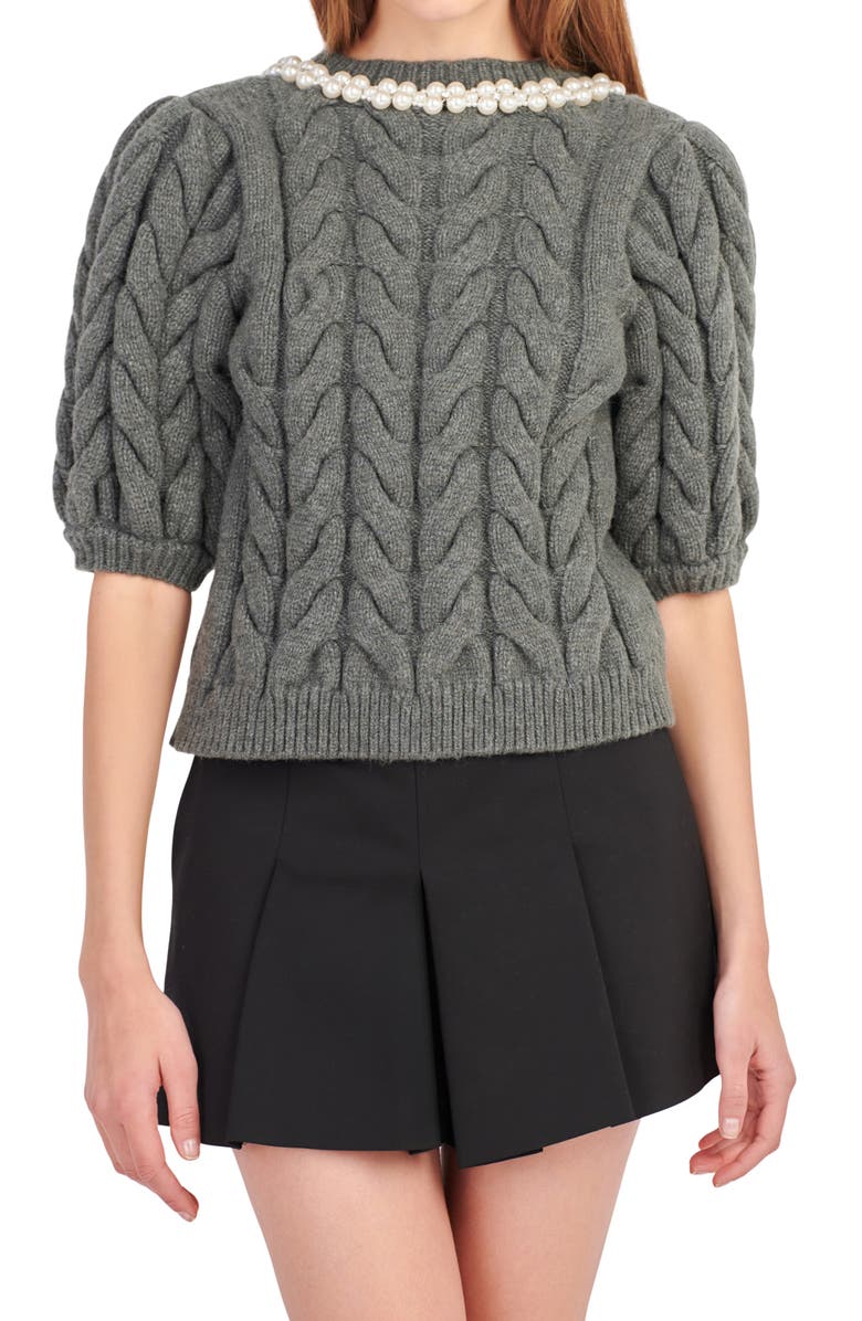 Endless Rose Imitation Pearl Trim Sweater, Alternate, color, Charcoal