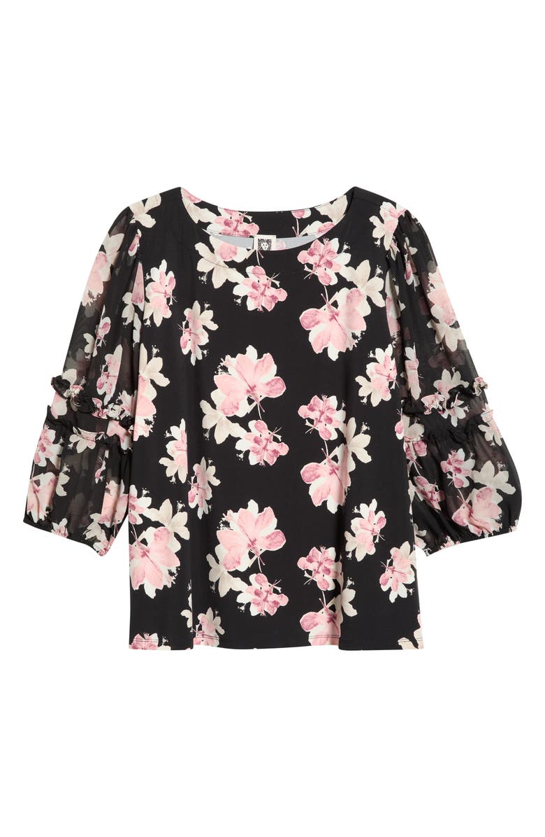 Anne Klein Floral Ruffle Top, Alternate, color, Anne Black Mult