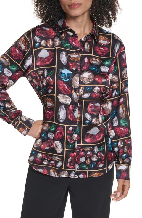 Printed Satin Button-Up Shirt