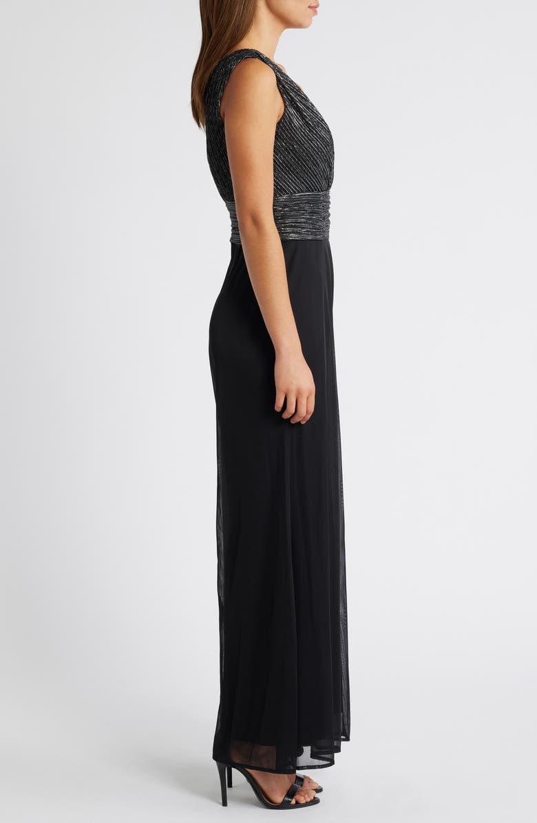 Connected Apparel Metallic Plissé Mixed Media Wide Leg Jumpsuit, Alternate, color,