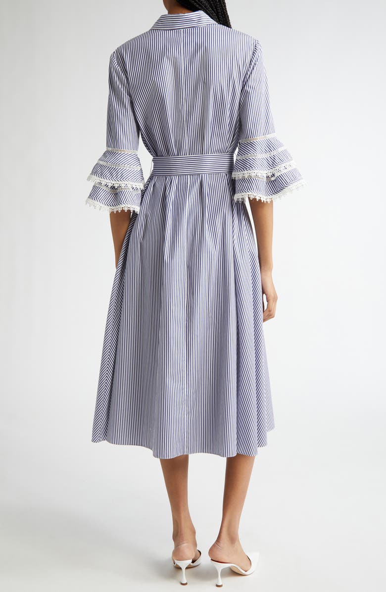 Carolina Herrera Stripe Tiered Ruffle Sleeve Belted Poplin Shirtdress, Alternate, color, White/ Blue
