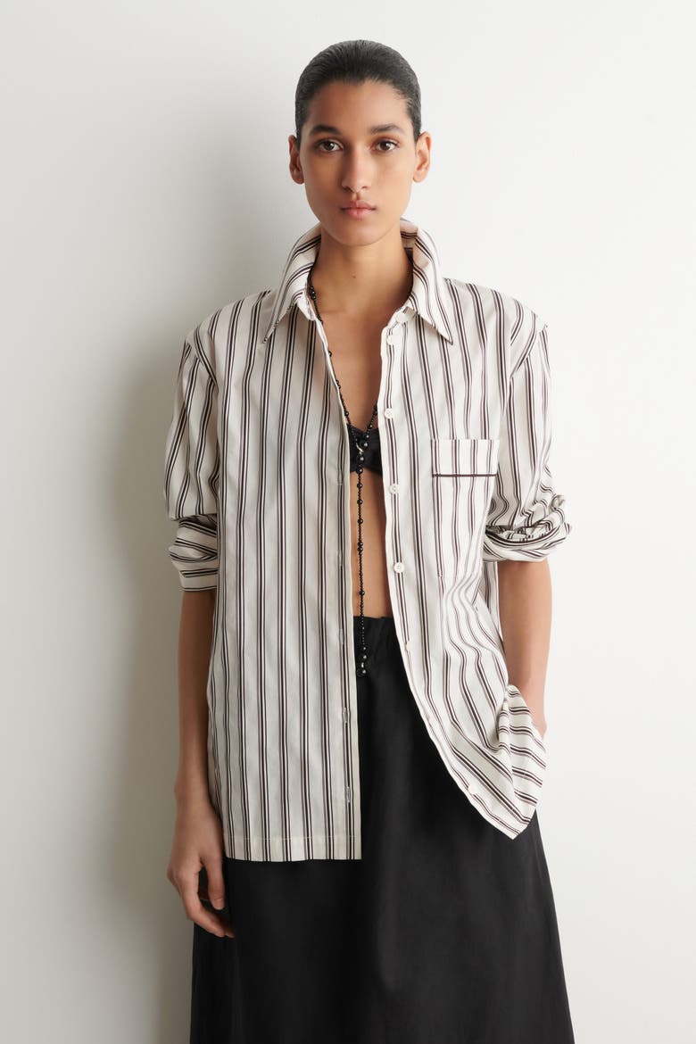 Piped Striped Cotton Shirt, Main, color, WHITE / BROWN / STRIPED