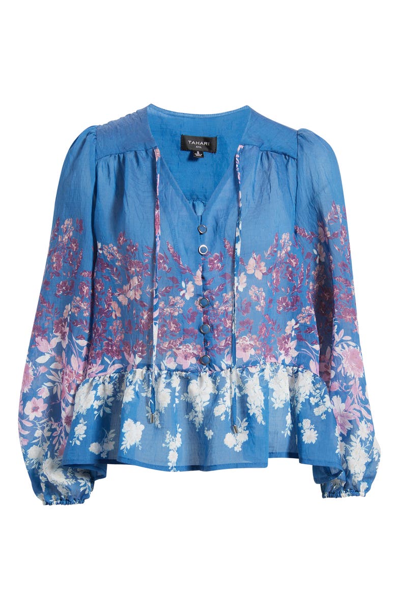 Tahari ASL Printed Ruffle Hem Top, Alternate, color, Blue Pink White