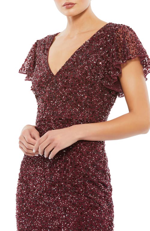 Mac Duggal Sequined V Neck Flutter Cap Sleeve Trumpet Dress In Garnet