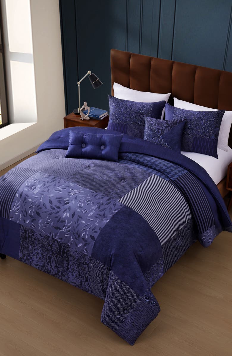 Bebejan Blue Denim Patchwork 5-Piece Comforter Set, Alternate, color, Blue