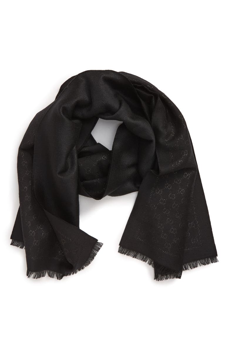 Gucci Double-G Logo Metallic Jacquard Scarf, Alternate, color, 