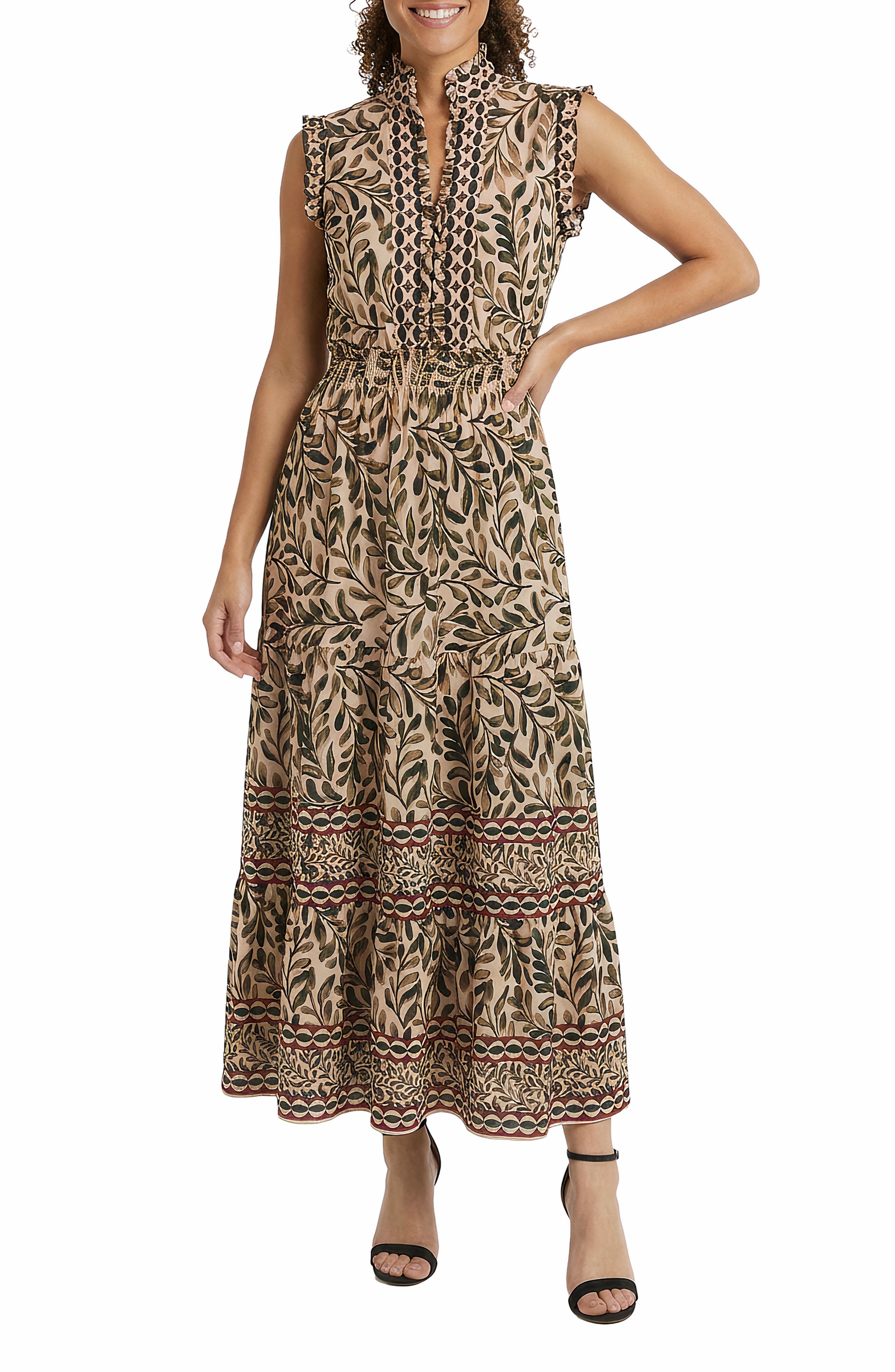 Smocked Waist Ruffle Collar Maxi Dress