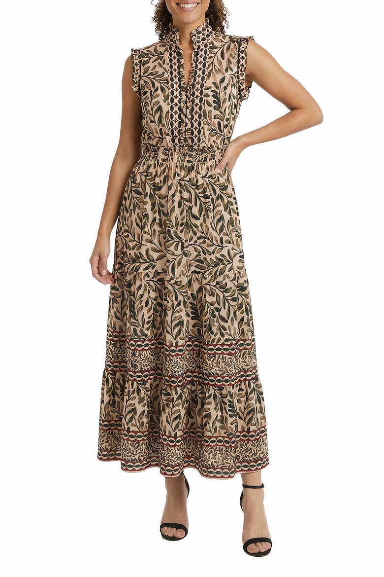 Smocked Waist Ruffle Collar Maxi Dress, Main, color, IVORY/ PESTO