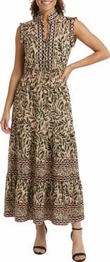 London Times Smocked Waist Ruffle Collar Maxi Dress