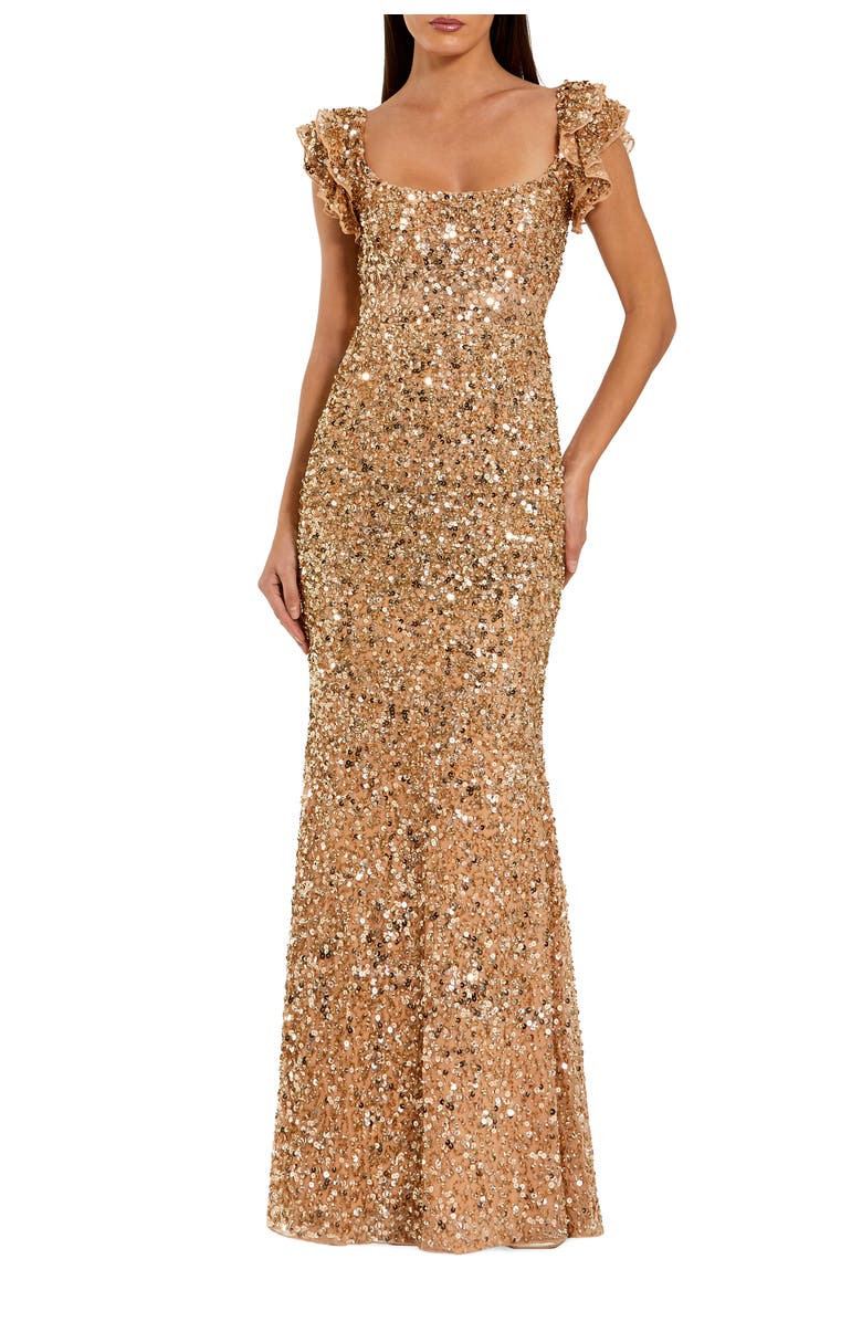 Mac Duggal Sequin Mesh Ruffle Sleeve Trumpet Evening Gown, Main, color, Gold Nude