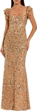 Mac Duggal Sequin Mesh Ruffle Sleeve Trumpet Evening Gown
