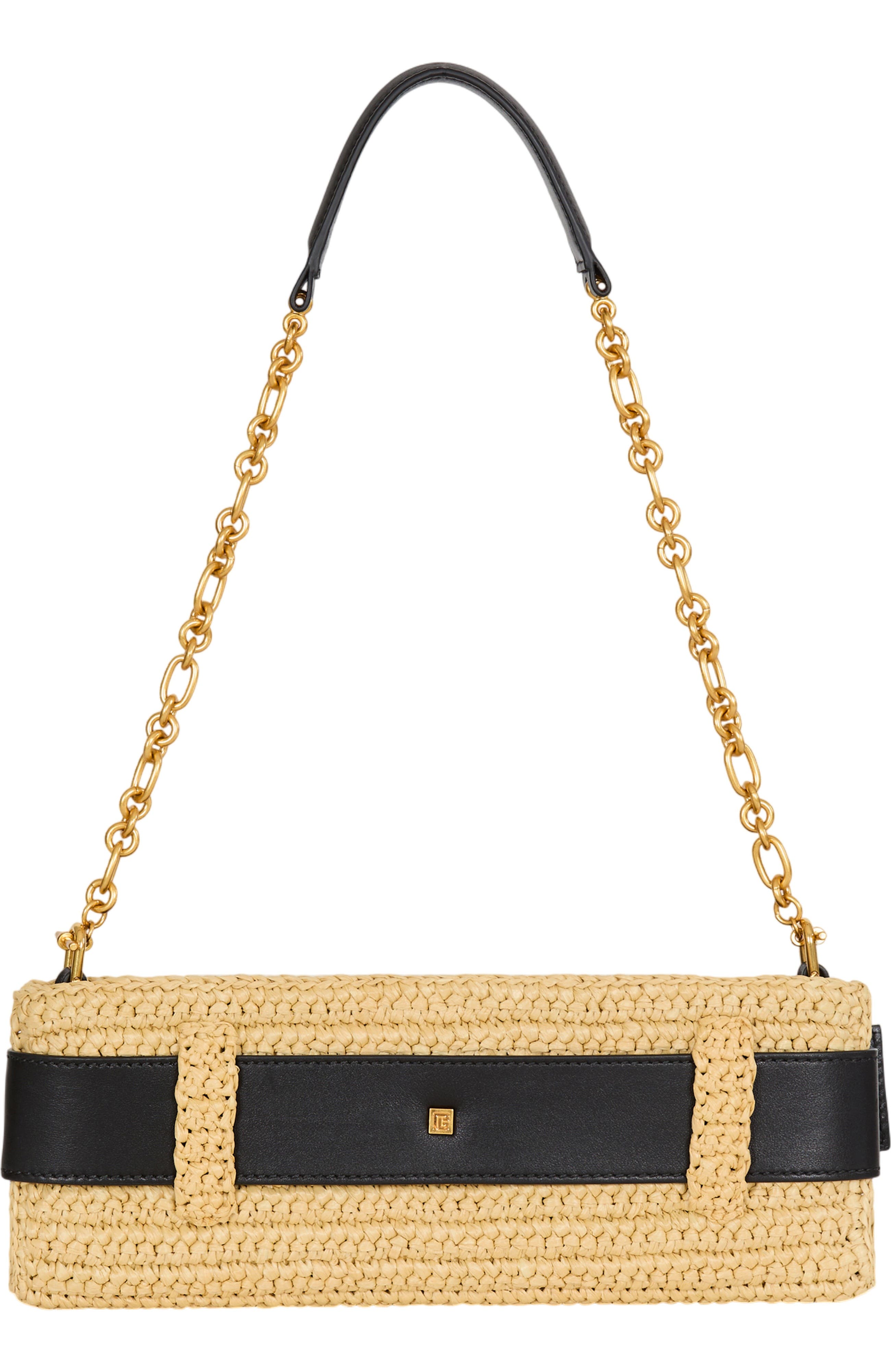 Balmain Anthem clutch bag in smooth leather and crochet, Alternate, color, Beige